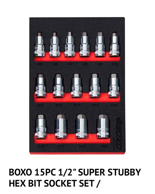 Boxo 15Pc 1/2” Super Stubby Hex Bit Set Socket Set